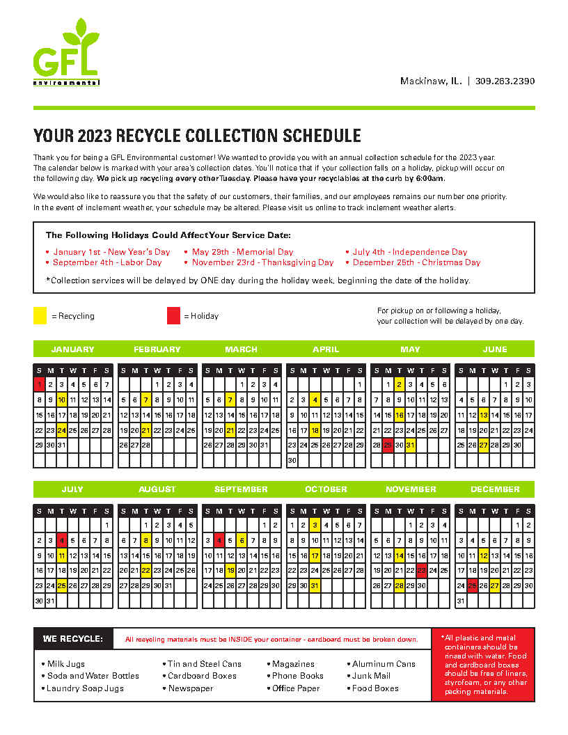 2023 Recycling Calendar 