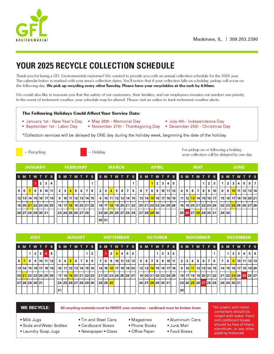 2025 GFL Recycling Schedule 