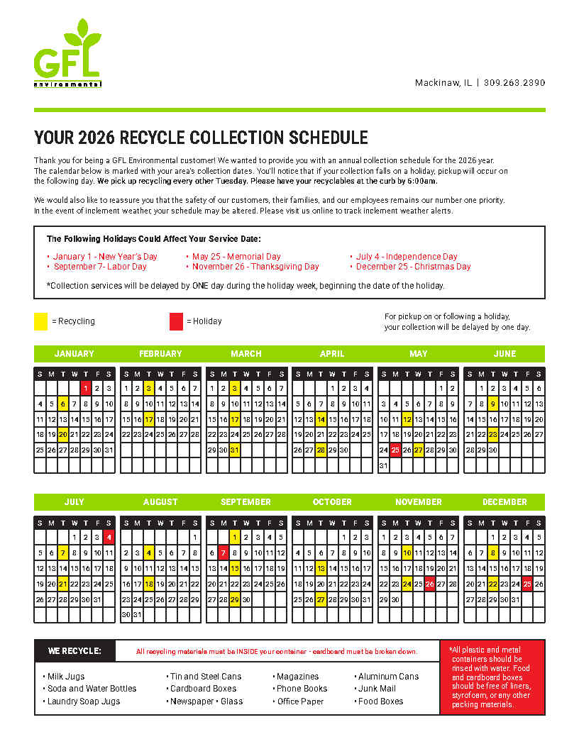2026 GFL Recycling Schedule
